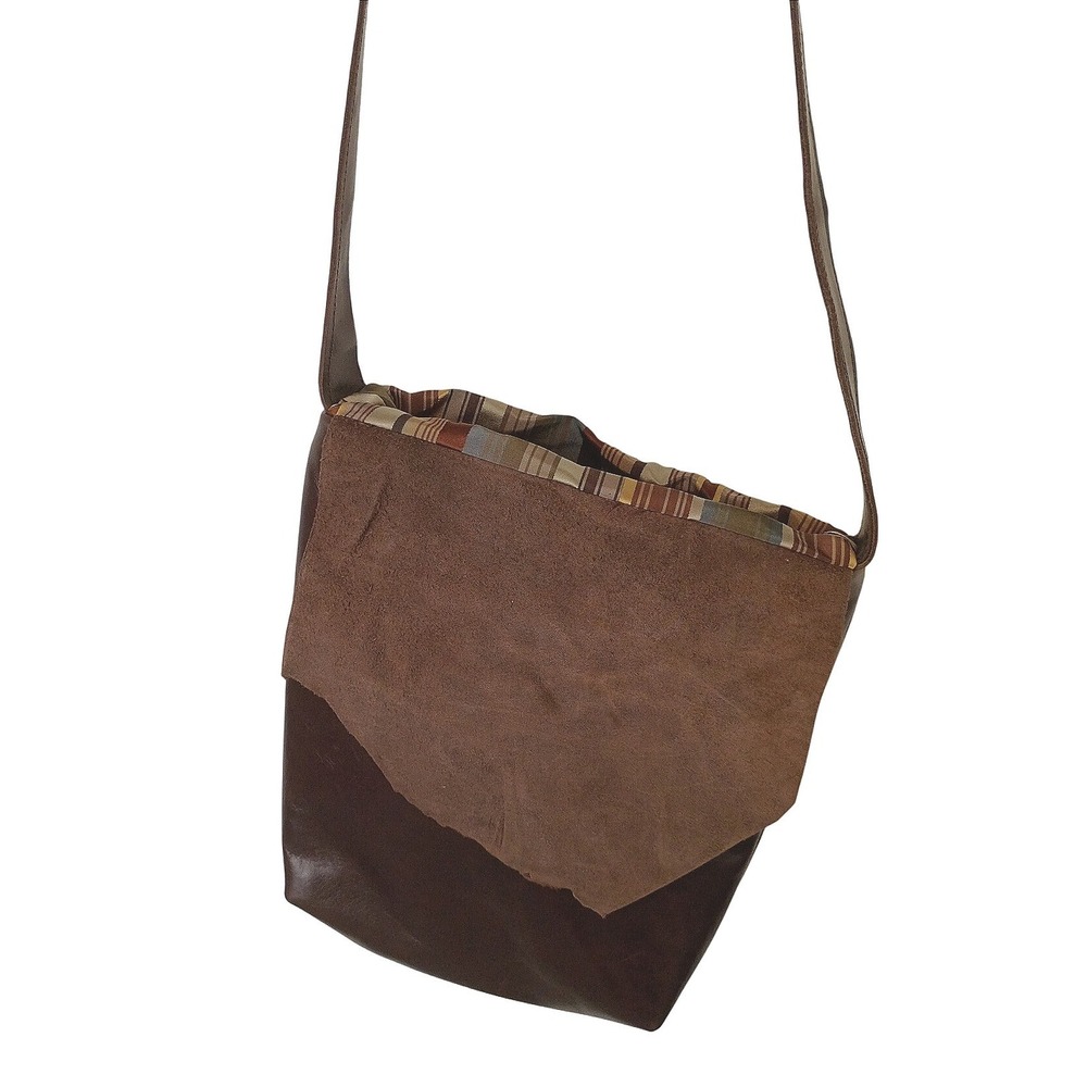 Handmade Brown Leather Crossbody Bag Raw Edge Flap Striped Lining By Dorthea - Picture 4 of 9